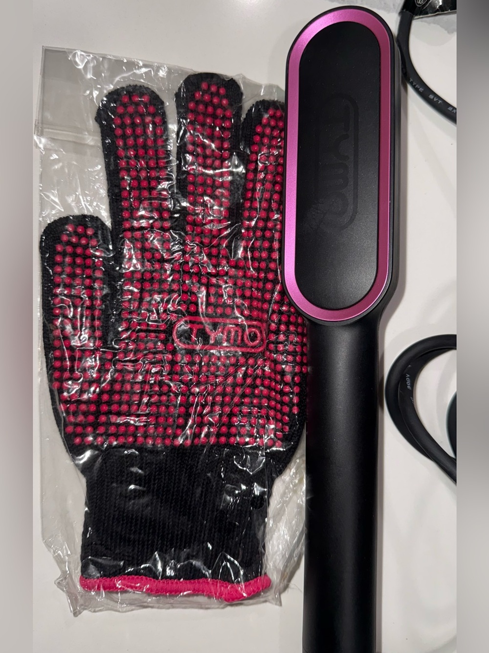 TYMO Hair Straightening Brush Black Pink Heated Styling Brush w/ Glove